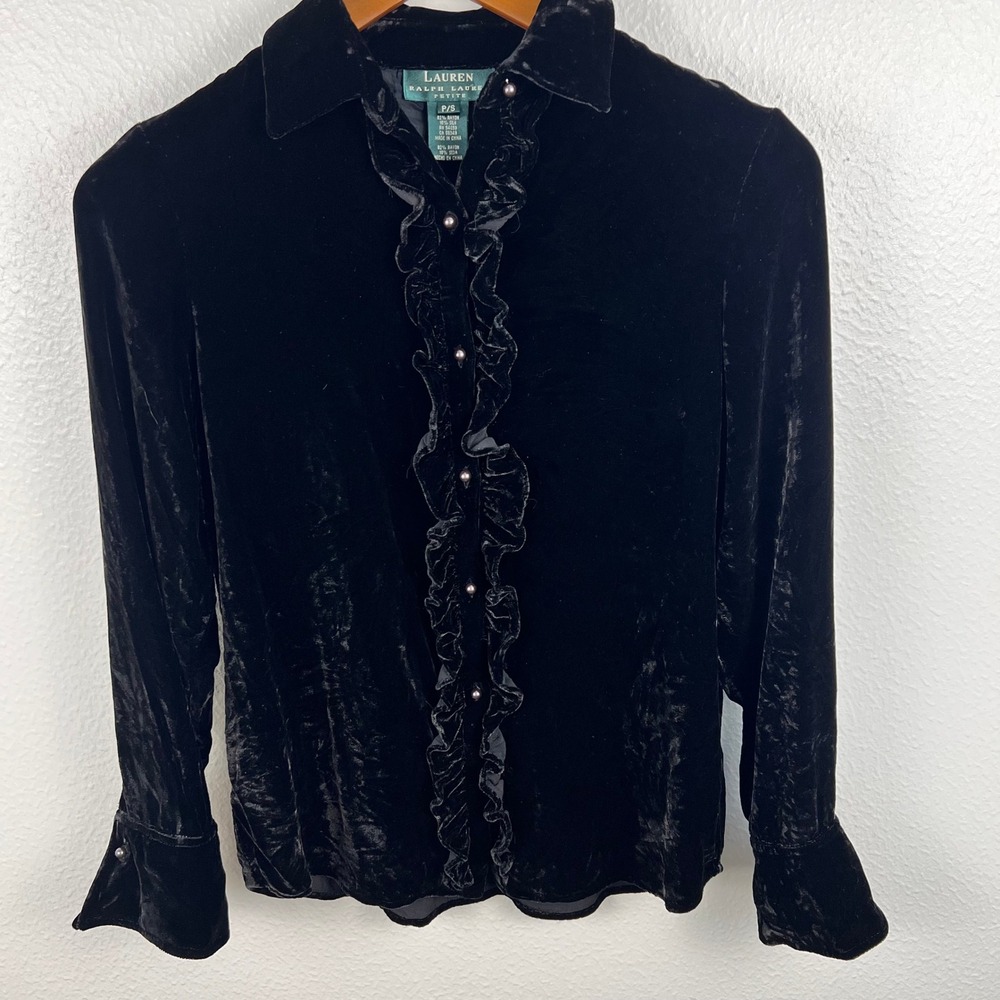 Lauren Ralph Lauren Black Velvet Top Small Petite Silk Blend Ruffle Pearl Button